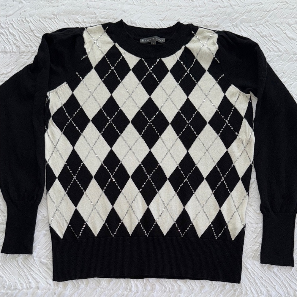 Elliott Lauren Black and White Argyle Cashmere Sweater with Sequins EUC M